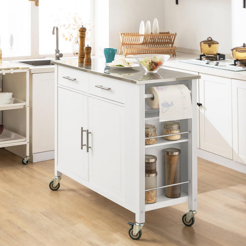 „Sobuy“ virtuvės sala ant ratų, virtuvės spintelės su 2 lentynomis ir 2 stalčiais, FKW108-W